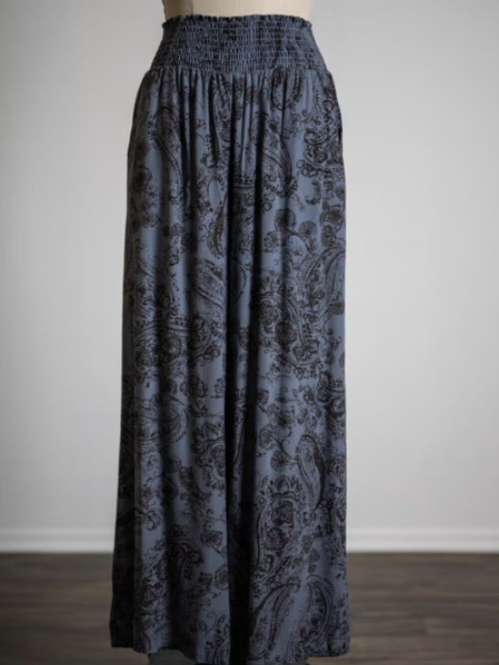 Sozy Charlie Dusty Blue and Black Paisley Wide Leg Elastic Wasit Pants